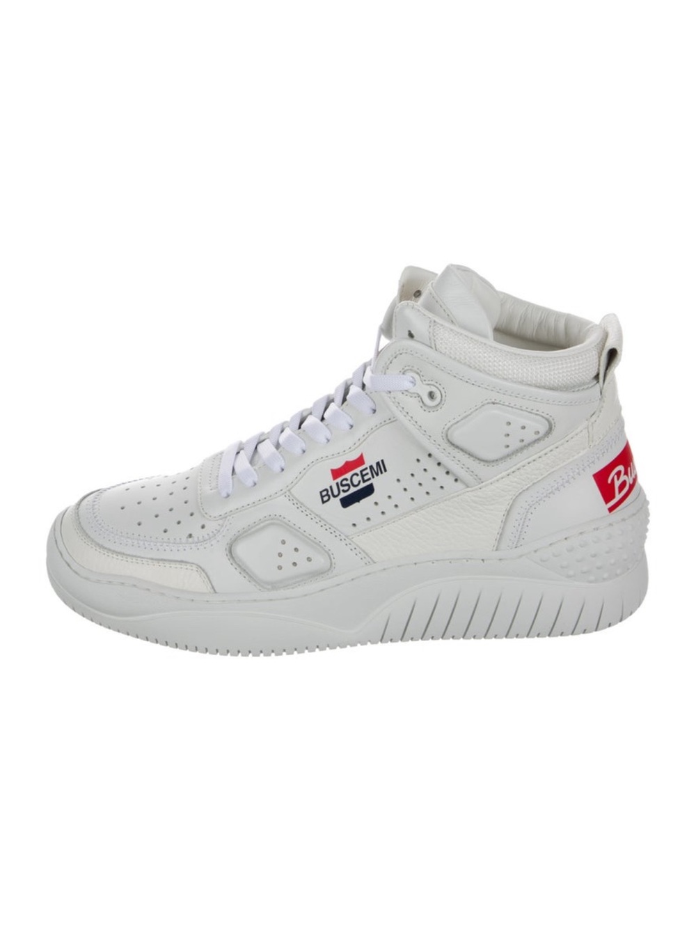 Buscemi White Leather High-Top Sneaker with Red Heel Tab NIB 7